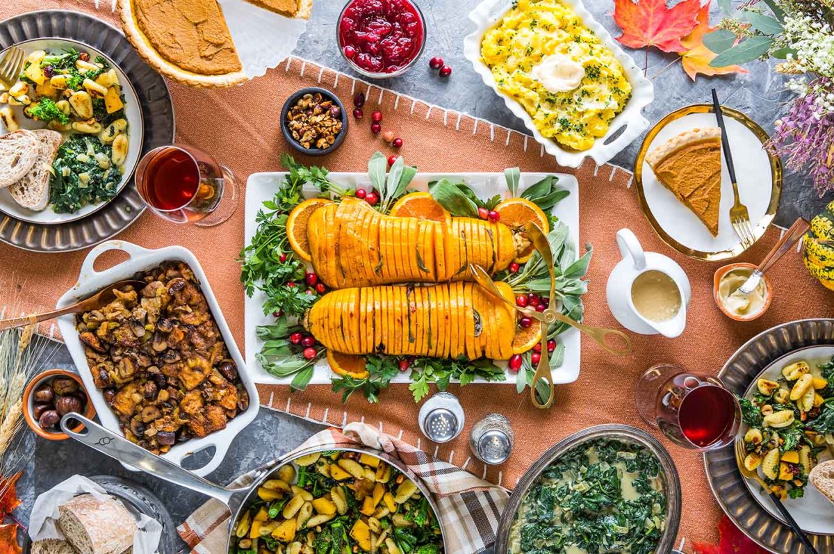 A vegan Thanksgiving might include veganized egg rolls, green bean casserole, mashed potatoes, and a variety of other tasty dishes