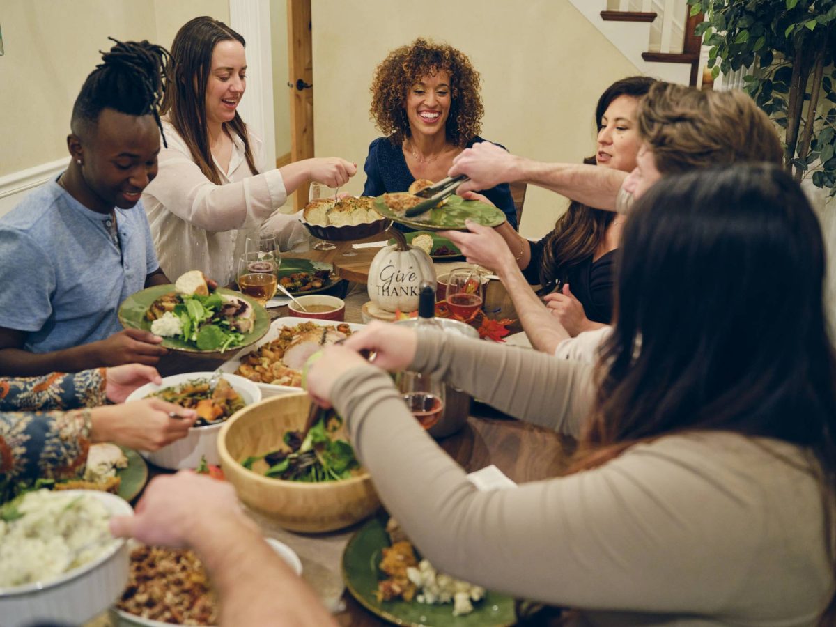 A group celebrates Friensdsgiving.