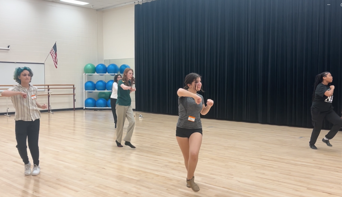 JHop scholars show off their moves during auditions for SpongeBob The Musical. Front Row (L-R): Aria Taraszki, seventh grade, Serenity Smith, sixth grade,
Second Row (L-R): Alivia Kennedy, seventh grade, Eli Rawlings eighth grade,
Third Row: (L-R): Adelina Parris, eighth grade. 
