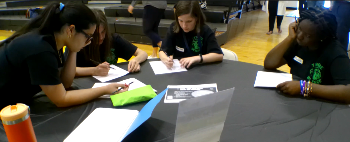 Students from Tyrone Middle School work together to complete a task at the Transformation Zone Science Showdown at Bay Point Middle School. 