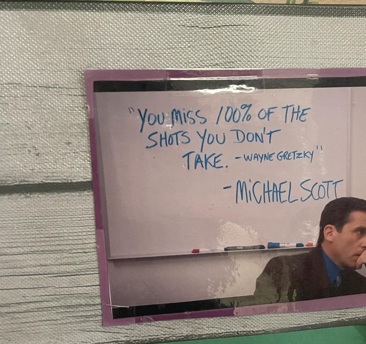 A "The Office" meme with the Wayne Gretzky quote greets students outside Ms. Guyotte's classroom door.