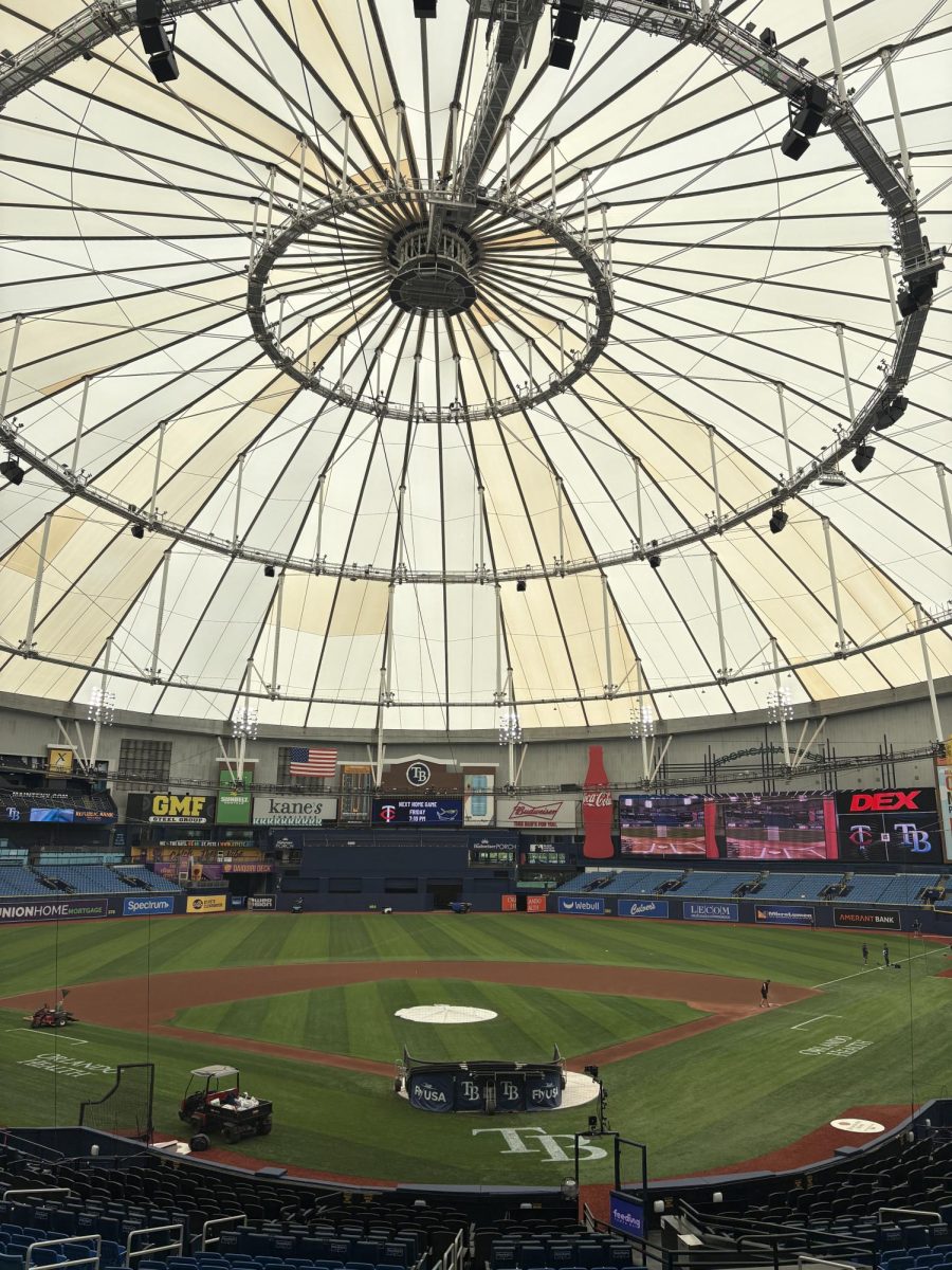 A view from behind home plate showing the new roof, new lighting and new speakers that were replaced following Hurricane Milton.