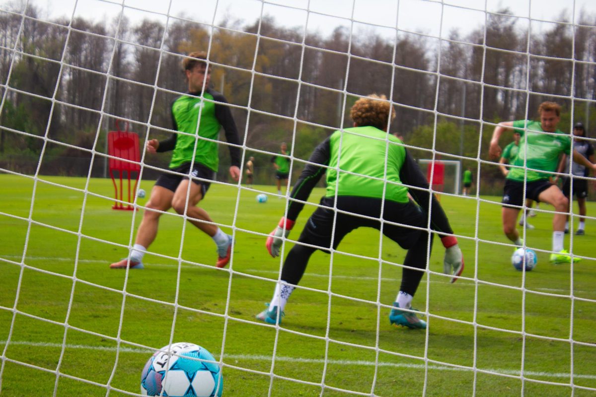 Rowdies goalkeeper and USL Academy signee Caleb Klepacz defends against an eventual score from midfielder Max Schneider.