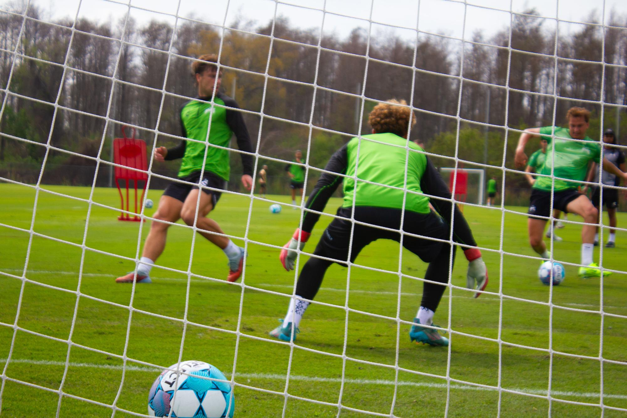 Rowdies goalkeeper and USL Academy signee Caleb Klepacz defends against an eventual score from midfielder Max Schneider.